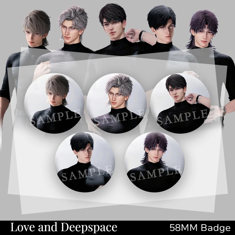 1/5 Stücke 58 MM Liebe und Deepspace Sylus Rafayel Zayne Xavier Caleb Anime Cosplay Abzeichen Schwarz Enge Top Brosche Pin Kostüm Dekoration – Detail 2