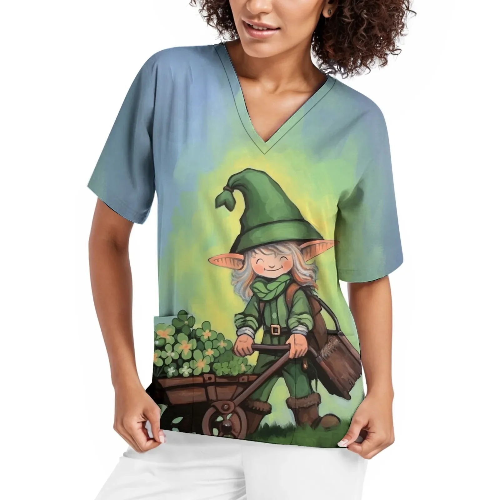 Damen Krankens ch wester Uniform Kurzarm V-Ausschnitt Arbeits kleidung St Pats Print Arbeits uniform Frau lässig medizinische Pflege Bluse Tops