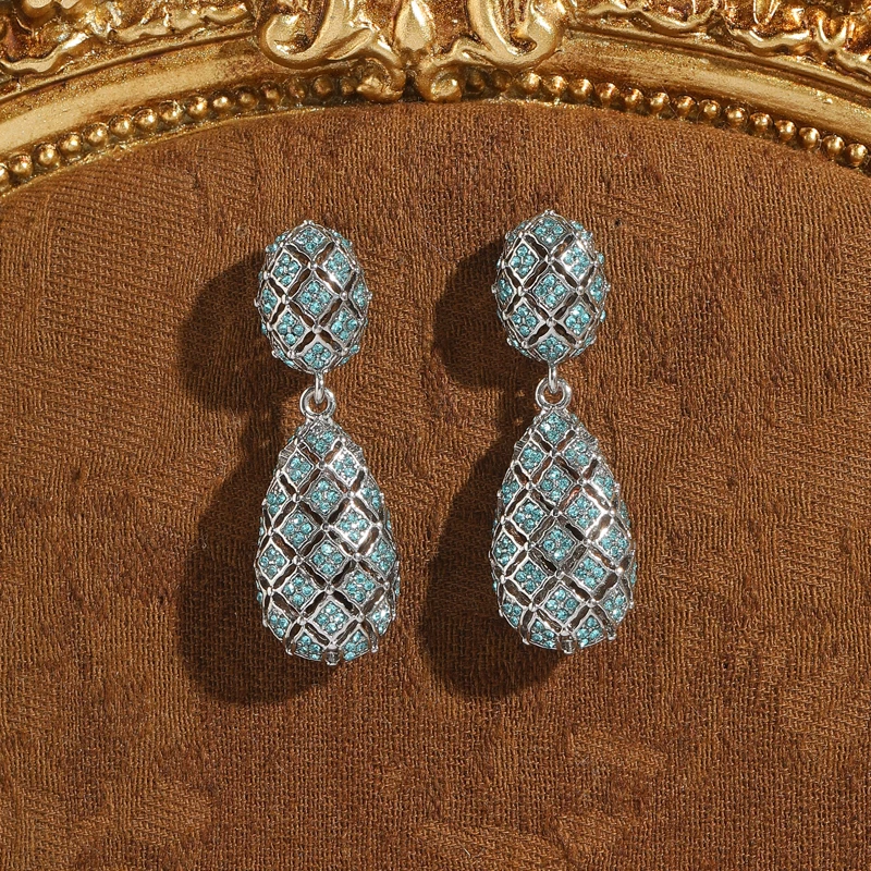 

Vintage Hollow Drop Dangle Earrings Woman Silver Color Blue Rhinestones Cross Geometric Water Droplet Pendant Accessories 2025