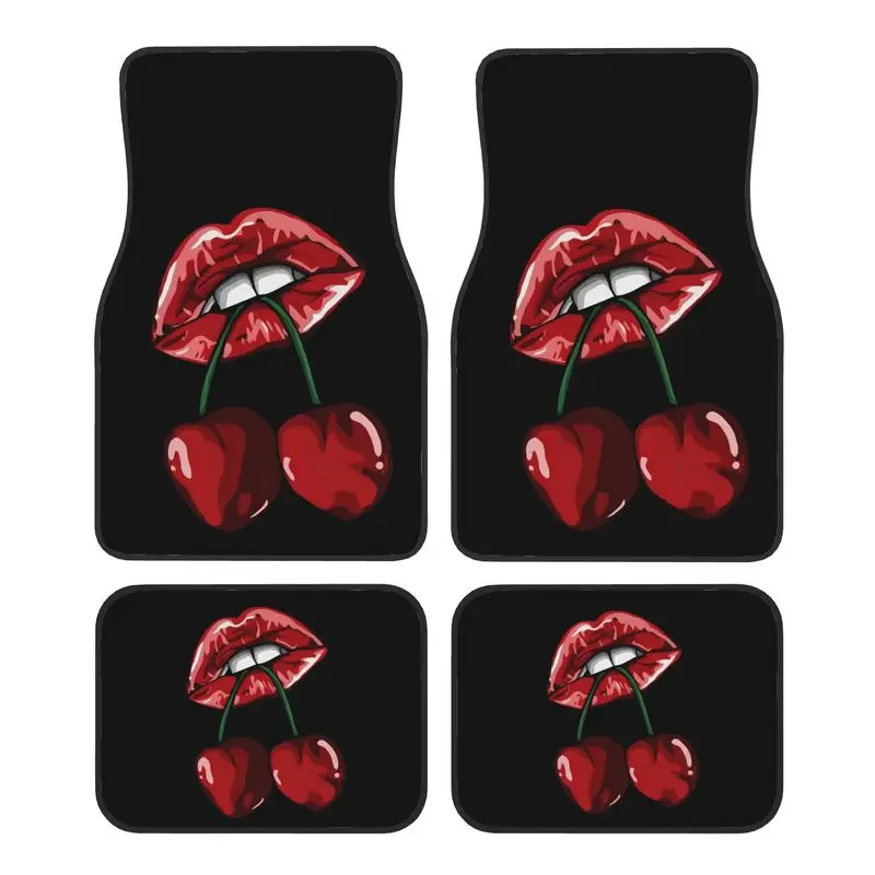 4Pcs Car Floor Mats, Red Lips Holding Cherries Print, Fashion Style