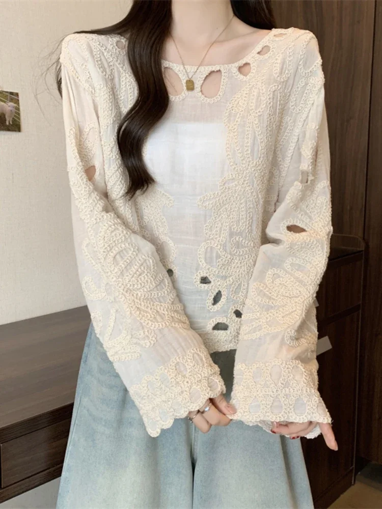 Oversized Design Shirts Solid Color Hollow Out Embroidery Long Sleeve Spring Autumn Blouses Fashion Vintage 2024 Women Clothing