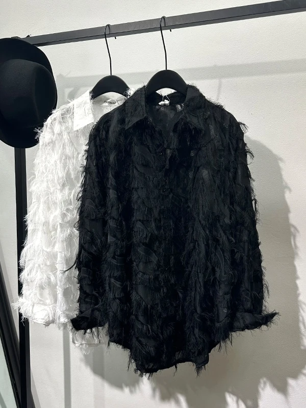 High Street Dark Black Hollow Out Feather Print Loose Long Sleeved Shirt for Men's A Sense of Luxury and Temperament Shirts Tops