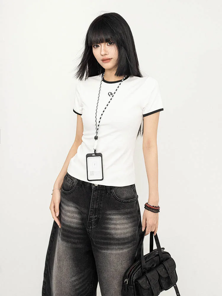 

OCTTFLAB Женская футболка в американском ретро-стиле, приталенная, с коротким рукавом, летняя, модная, с круглым вырезом, из смесового хлопка