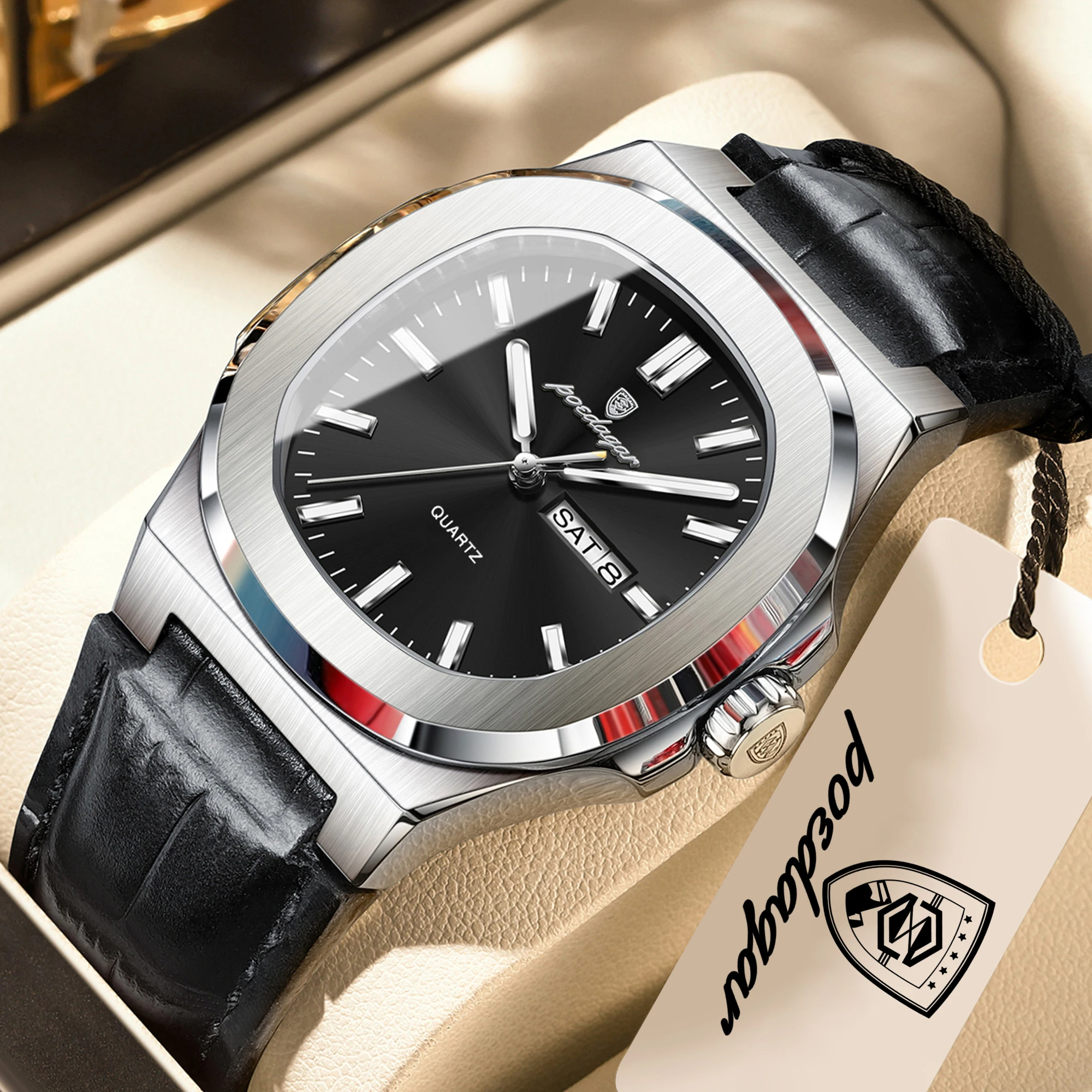 POEDAGAR Fashion Wristwatch For Boyfriend Luminous Waterproof Week Calendar Business Couple Watches Leather Luxury Men's Watches