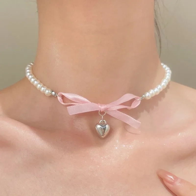 2024 New French Romantic Pink Bow Love Pendant Pearl Necklace Female Sweet and Pure Desire Neckchain Collar Chain Female