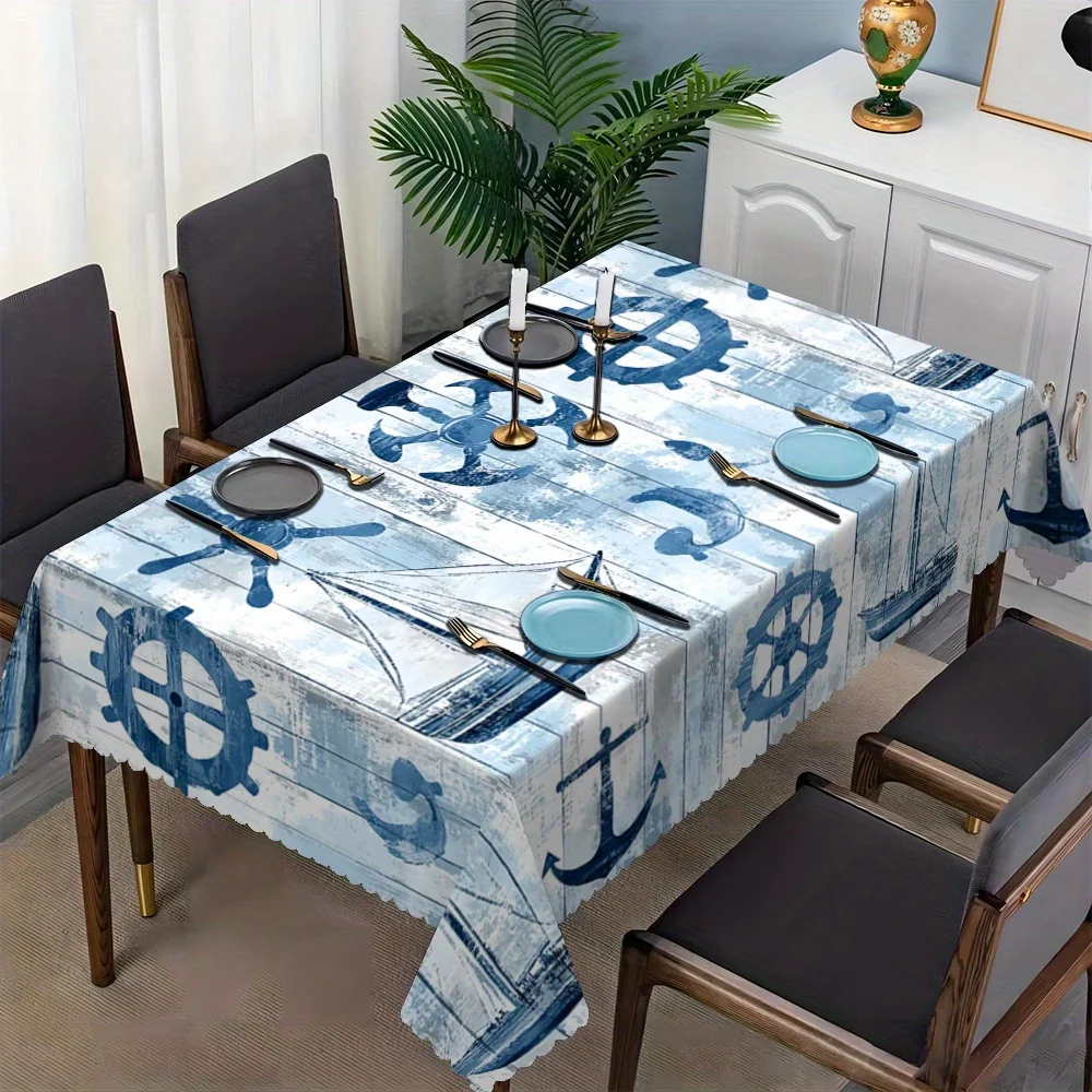 Nautical Anchor Wheel Sailboat Wood Grain Tablecloth, Waterproof Oilproof Wipeable Cover For Restaurant Kitchen Cafe Table Decor