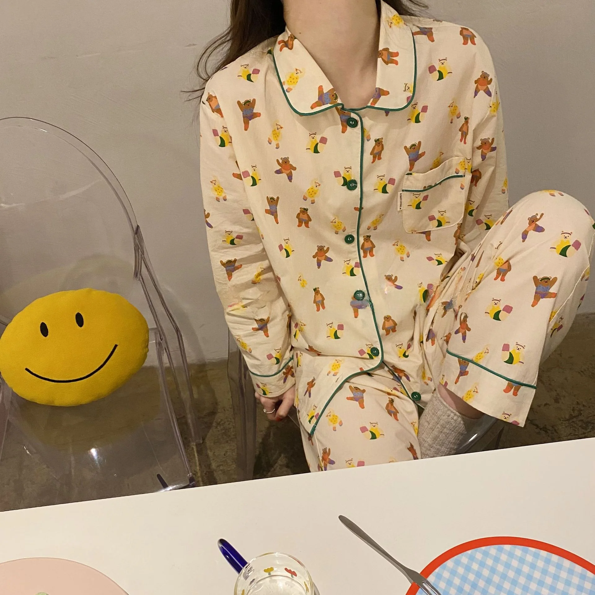 

Cotton Spring Summer Cute Bear Ladies Sleepwear Long Sleeve Long Pants Breathable Home Clothes Set Women's Comfortable Pajamas