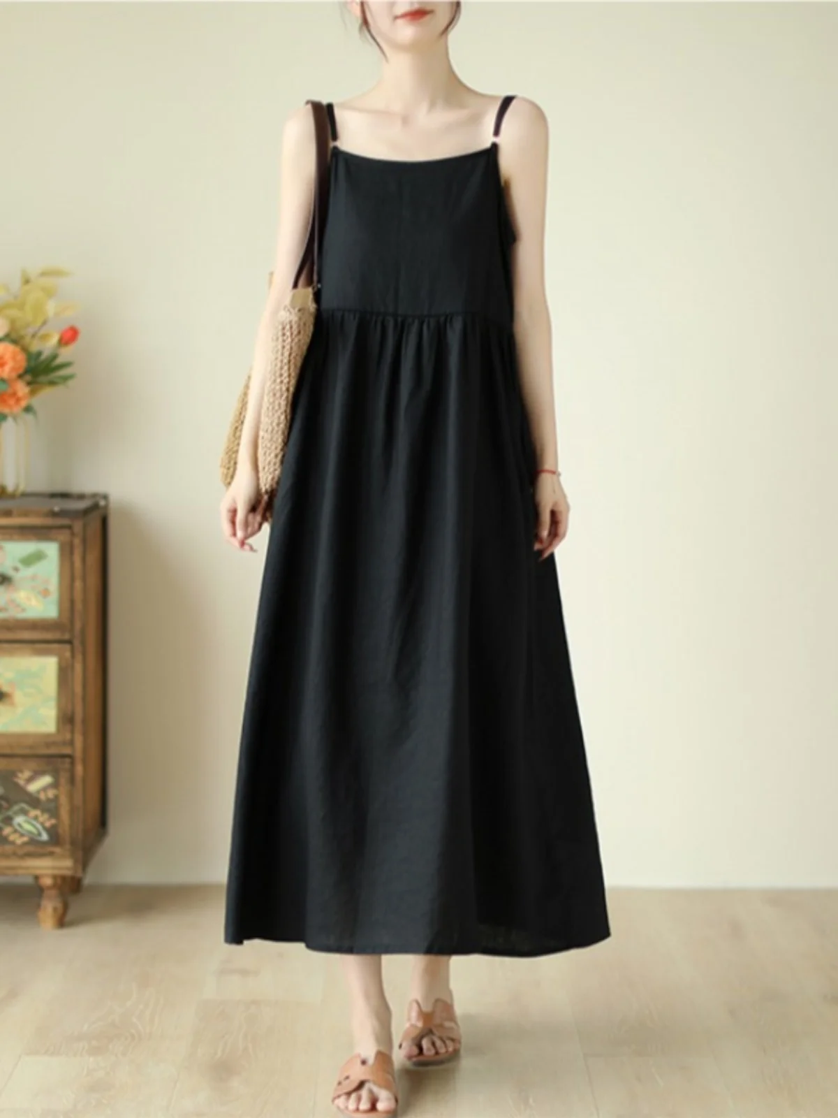 Artistique ample coton lin Midi Dr Svel mince Simple a-ligne robe Vintage Sle décontracté été Faion femmes Dr