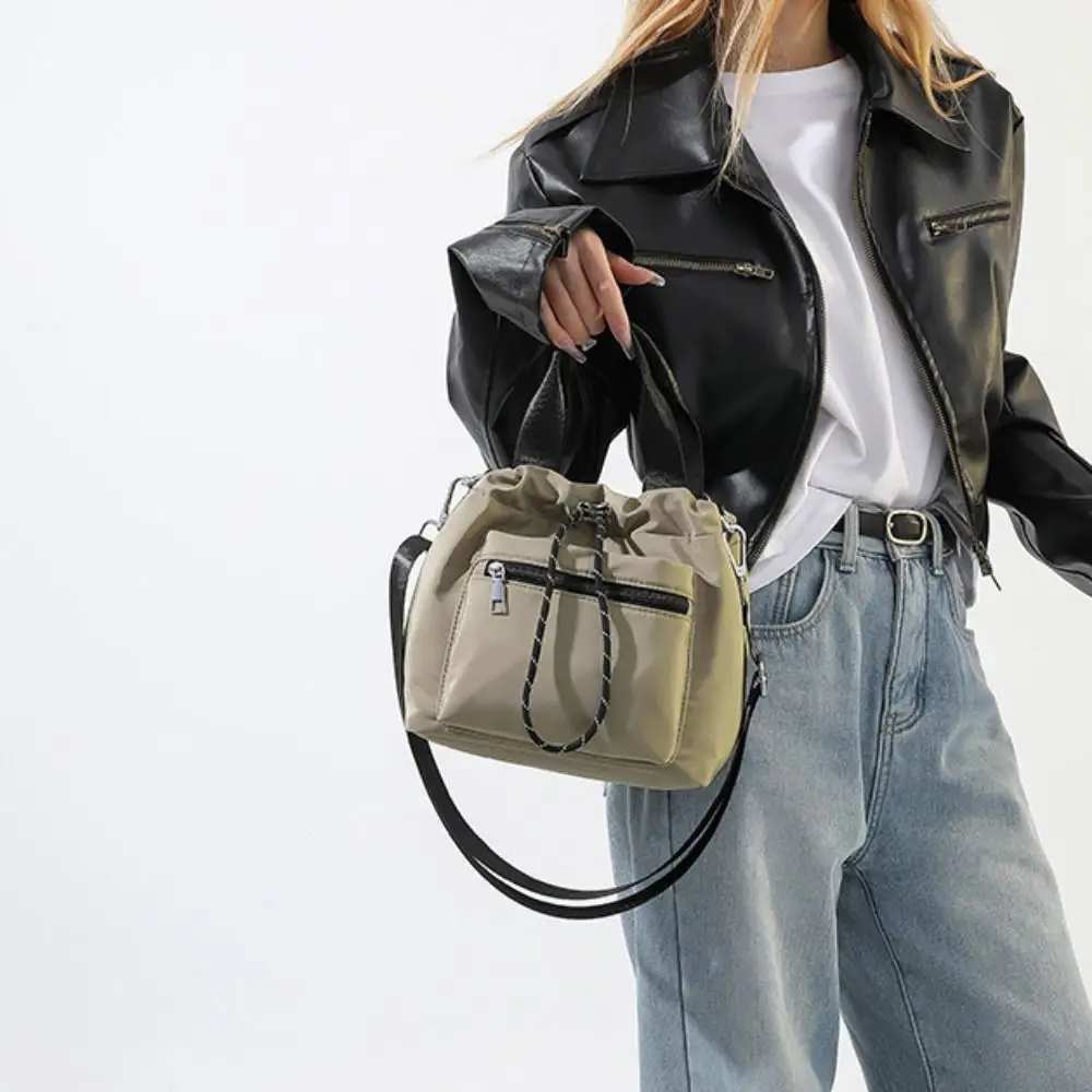 

Large Capacity Nylon Bucket Bag Lightweight Waterproof Drawstring Shoulder Bag Handbag Korean Style Oxford Cloth Crossbody Bag