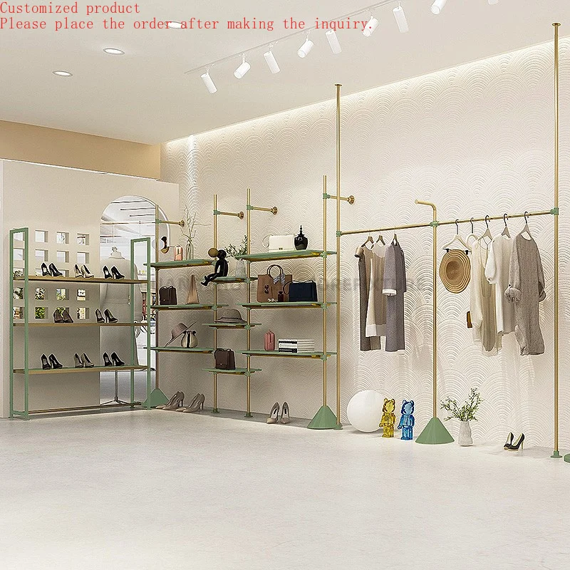 

Fashion Design Metal Clothes Display Rack Shiny Gold Heavy Duty Clothes Hanger and Shoes Rack for Store Good Price