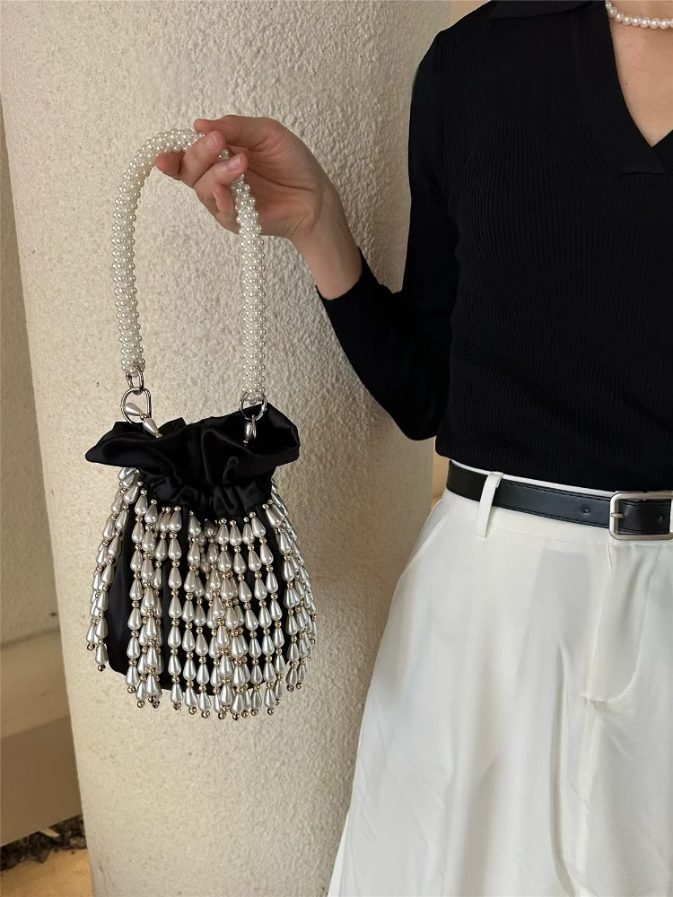

Beads Beading Tassel Women's Handbag Luxury Satin Bucket Bag Pearl Woven Handmade Shoulder Bags Female Evening Party Clutch Bags