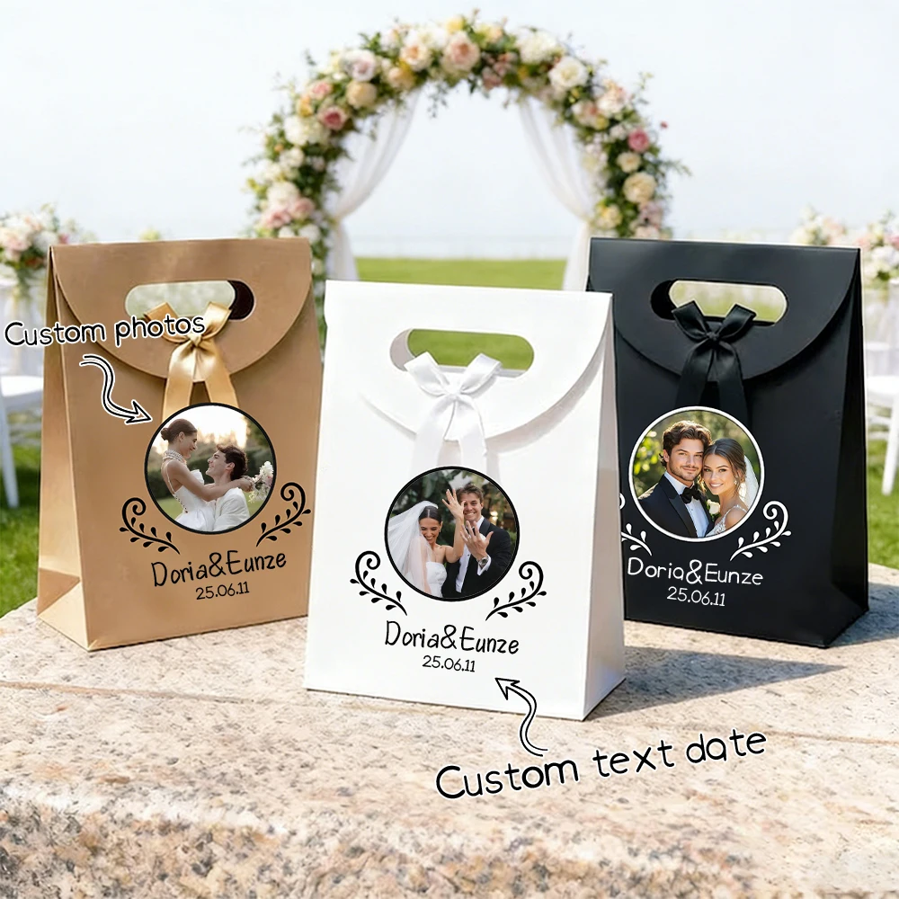 Maßgeschneiderte modische Must-Have-Geschenktüten für Hochzeiten, Hochzeitsgeschenktüten für Familie und Freunde, Geschenktüten mit individuellem Foto und Text.