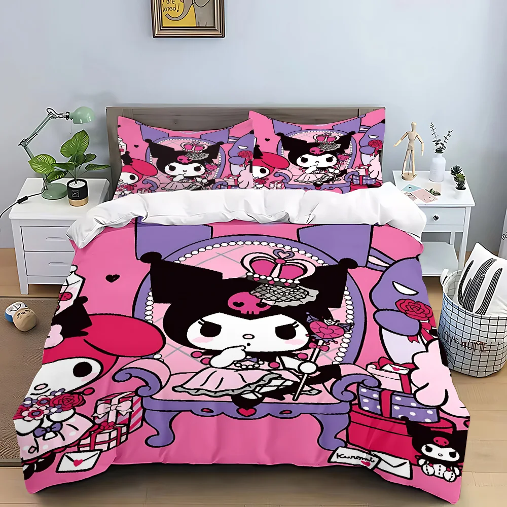 Kuromi dos desenhos animados capa de edredão fronha conjunto cama adulto menino menina quarto decoração crianças presente único duplo tamanho grande