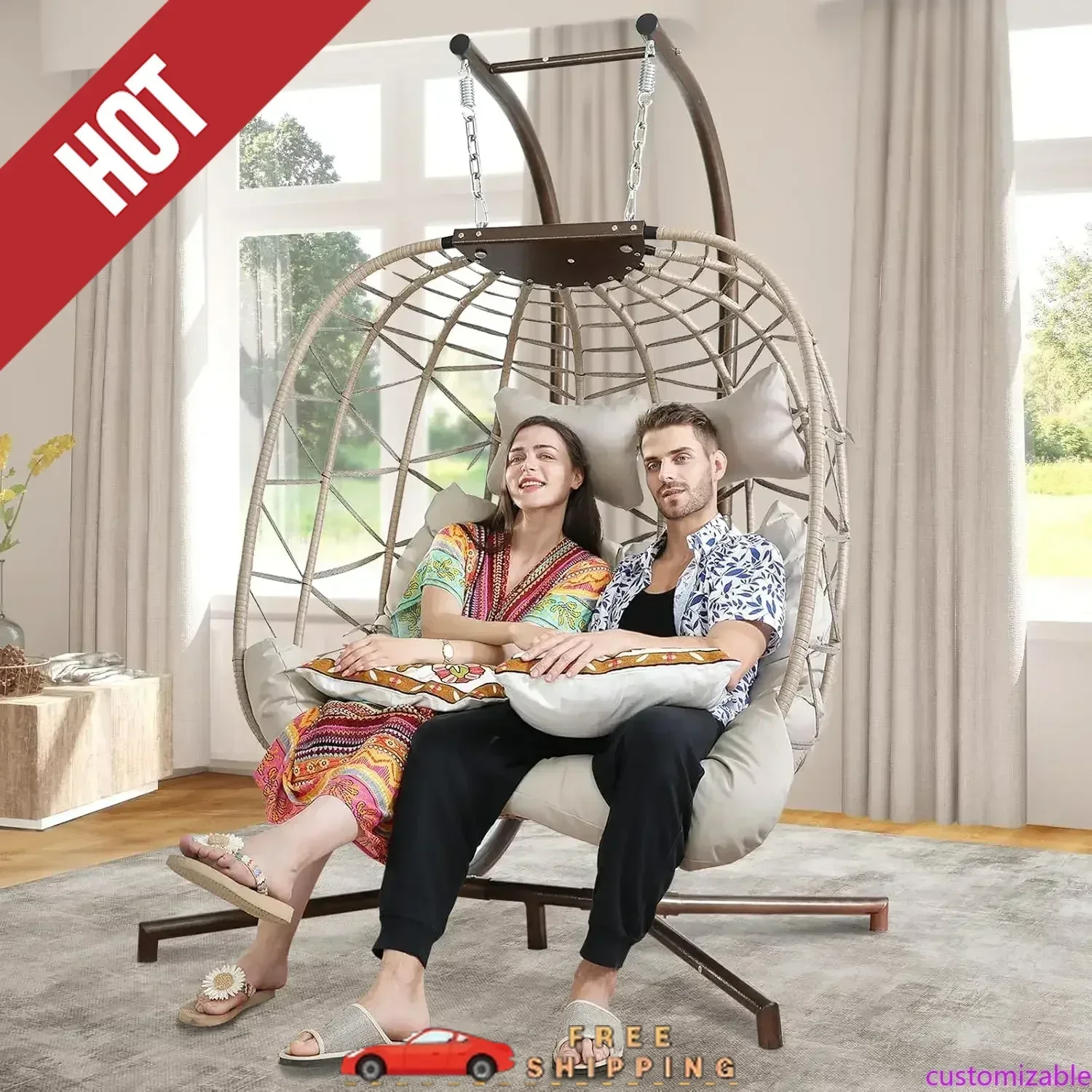 

Customizable Luxury 2 Person Wicker Swing Double Egg Chair with Stand, Rattan Wicker Hanging Egg Chair Hammock Chair Patio Gard