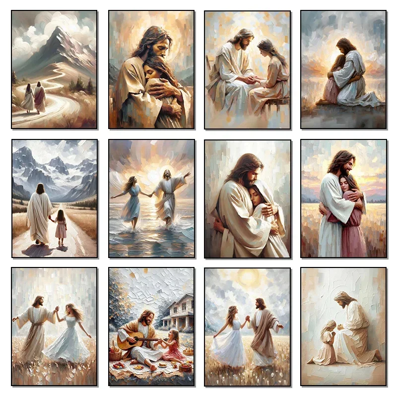Jesus and Girl Poster Healing Embrace Always with You Canvas Painting Christian Wall Art HD Pictures for Living Room Home Decor