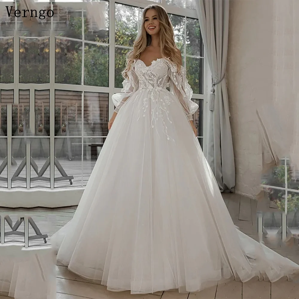 Verngo Lace Glitter Tulle Wedding Dresses Off The Shoulder Puff Long Sleeves Bridal Dresses 3D Flowers Boho Bride Gown 2024