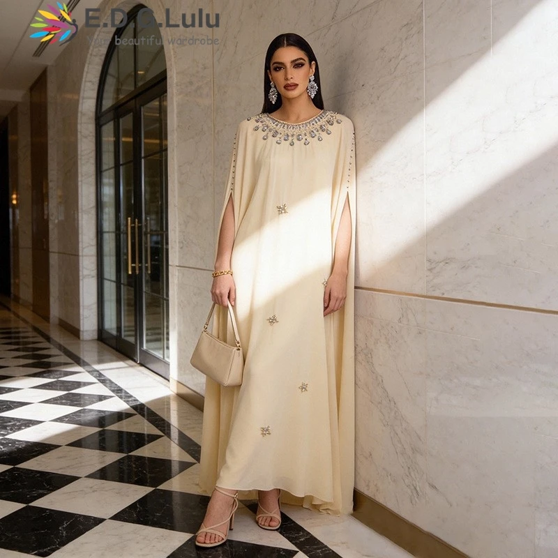 EDGLuLu 2026 New Arrival Luxury Round Neck Diamond Inlaid Splicing Long Dress Cape Style Long Sleeved Party Gown 0415
