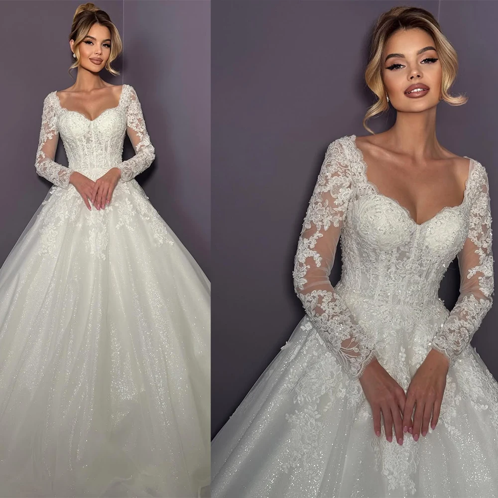 فساتين زفاف ساحرة مكشوفة الكتف وأكمام طويلة على شكل قلب مزينة بالدانتيل 2026 Vestido De Noival