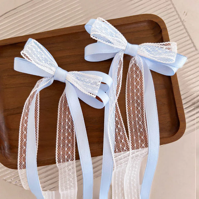 الحلو الأطفال Bowknot دبابيس الشعر الأميرة فتاة شرابات طويلة أغطية الرأس الوردي الأزرق الدانتيل المشابك الجنية الاطفال مقاطع الشعر اكسسوارات