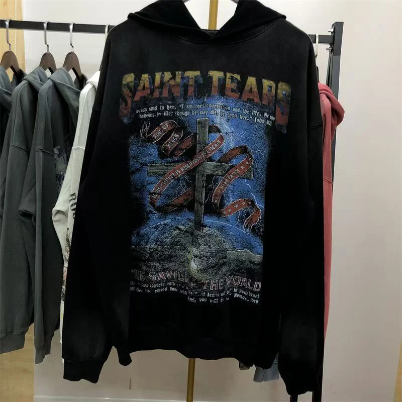 Autumn Heavy Fabric Washed Do Old SAINT Hoodie High Street Men Women Fashion Pullover American Vintage Saint Hooded Sweatshirts