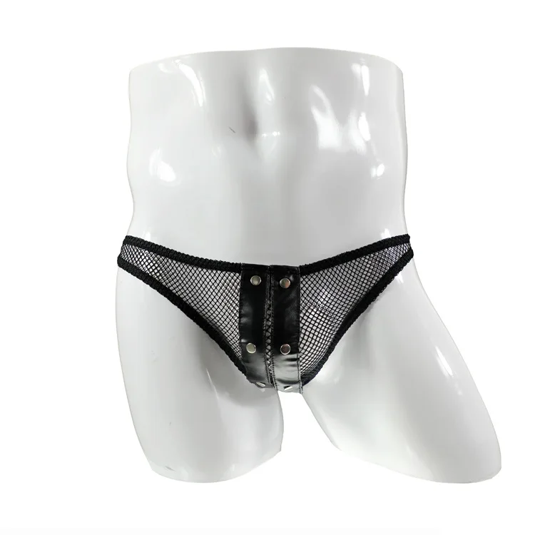 الرجال شبكة شير موجز مثير تقليد الجلود شبكة المرقعة مسمر ملابس داخلية شفافة مثلي الجنس المثيرة منخفضة الارتفاع U محدب الحقيبة Tanga #2