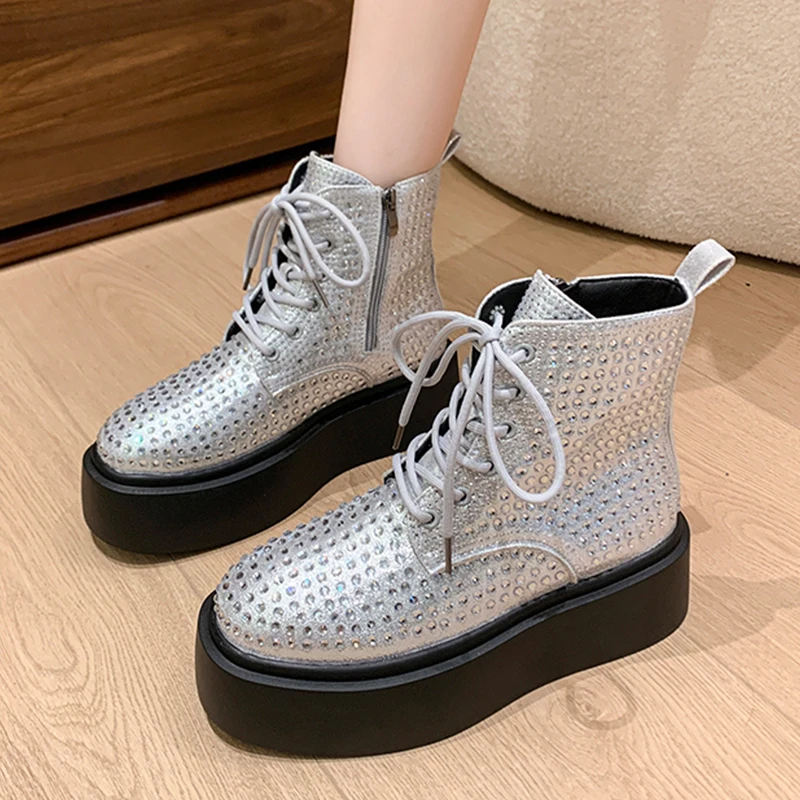 Crystal Flats Platform Woman Ankle Boots Luxury Shoes 2025 Trend Brand Fashion Zipper Chelsea Boots Casual Walking Mujer Botas