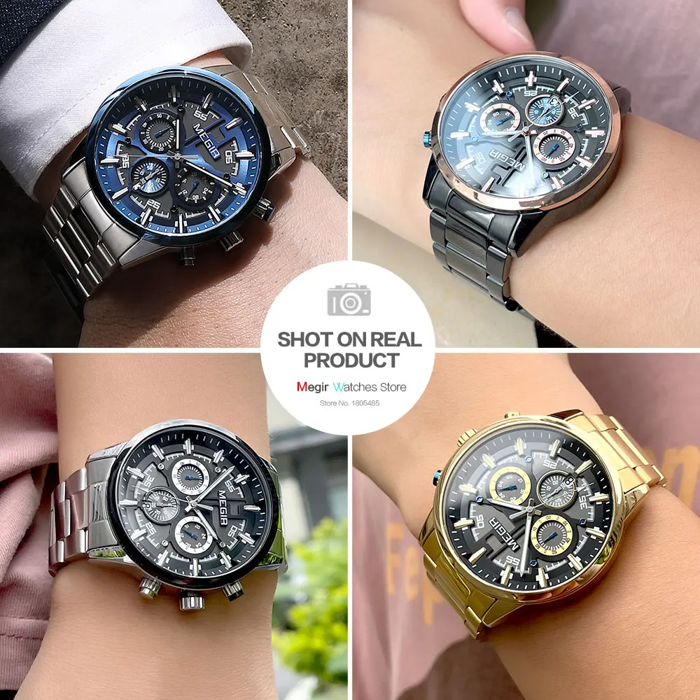 MEGIR Silver Blue Stainless Steel Quartz Watch for Men Fashion Chronograph  Analog Dress Wristwatch with Date Luminous Hands