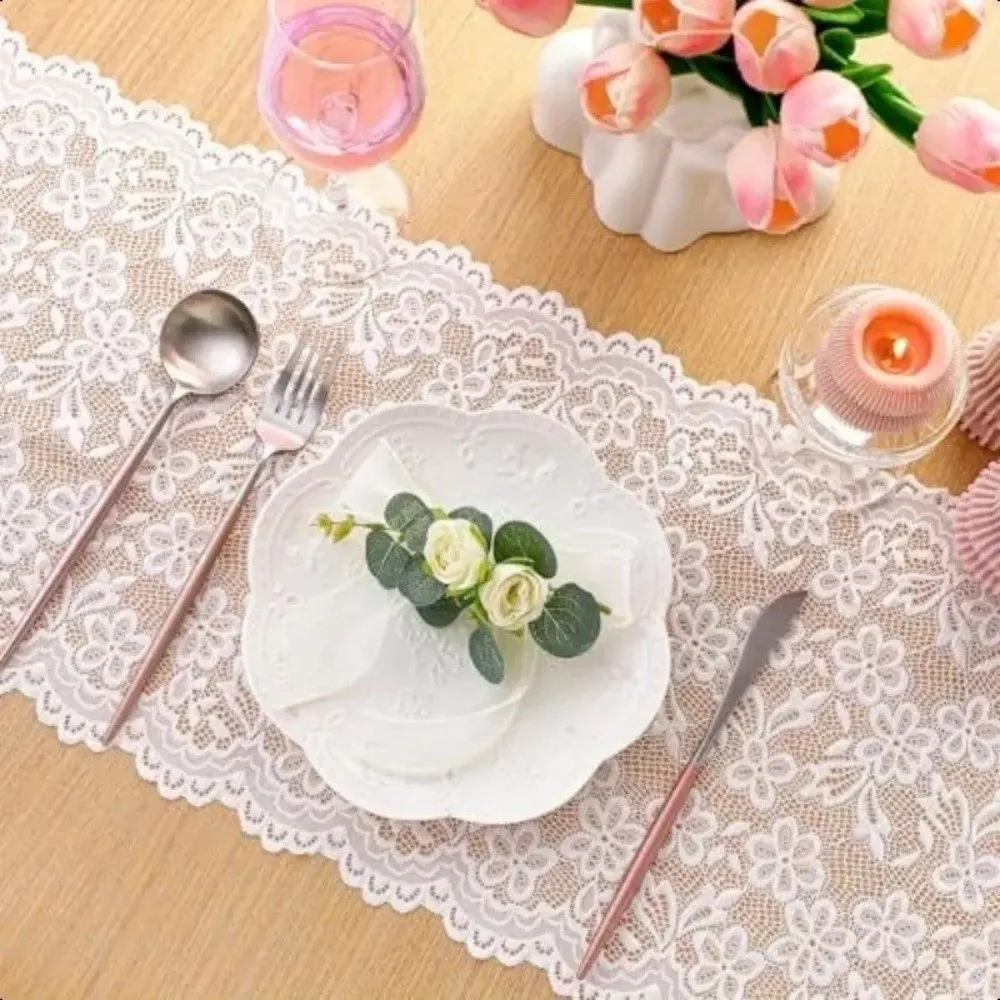 Party Decoration Floral Cut-Out Lace Table Runner Bow Trim Long Strip Table Cover Vintage Romantic Decorative Table Cloth Party