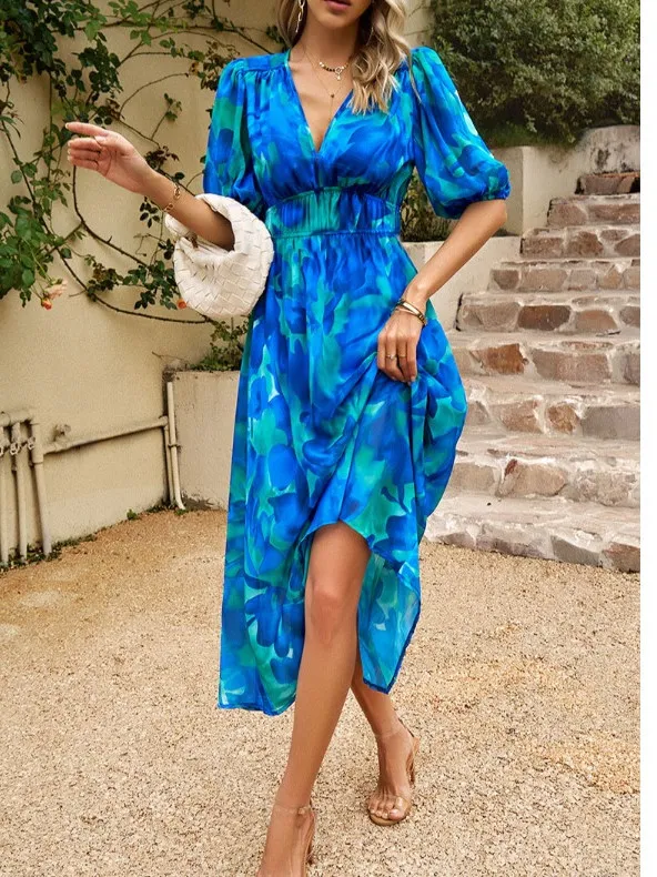 Letnia sukienka z głębokim dekoltem w serek, wyszczuplająca, z kwiatowym nadrukiem, szyfonowa, długa, damska, z wysokim stanem.