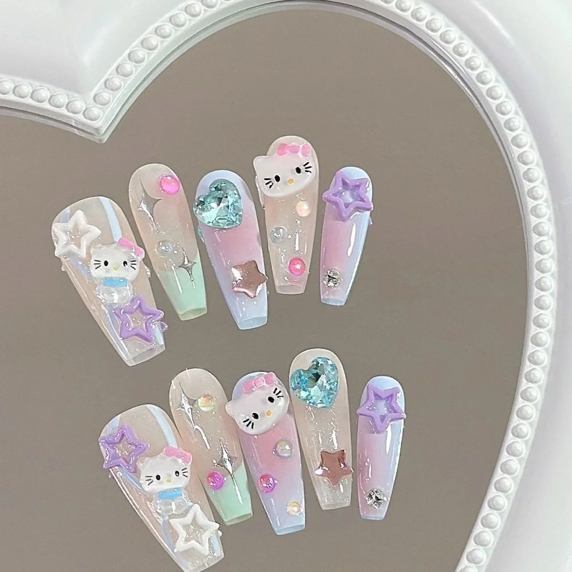 10pcs Hello Kitty Detachable Handmade 3D Finished False Nails Patch Dopamine Macarone Color Y2K Girls Jelly Pressed Nail Patch