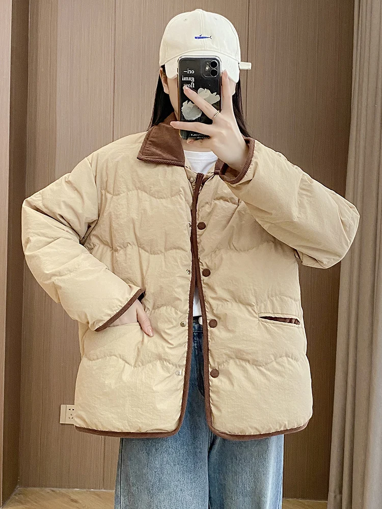 Women Jacket Autumn Winter New Outerwear Lapel Single Breasted Short Cotton Padded Parkas Warm Coats Oversized Jackets Tops