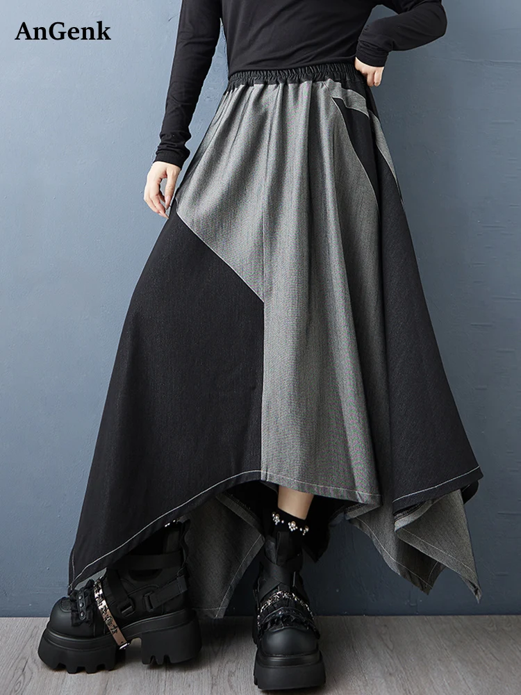 

Джинсовая лоскутная нерегулярная винтажная юбка с высокой талией, женская модная свободная повседневная длинная юбка больших размеров, одежда весна-осень 2025