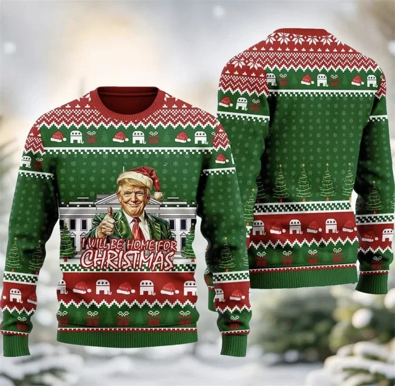 Fashion 2025 New Trump Graphic Ugly Christmas Sweater Funny Trump Supporter Xmas Sweatshirts Casual Oversized Holiday Pullovers