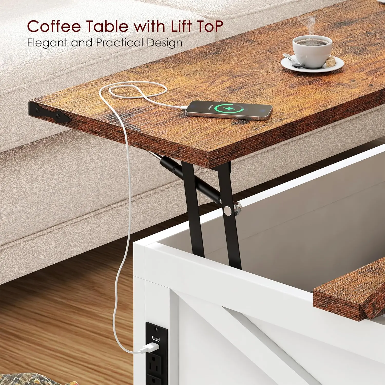 Sogeshome Coffee Table With Lifting Top With Power Output, 35.4'' Square Table With Large Hidden Storage, Farmhouse Coffee