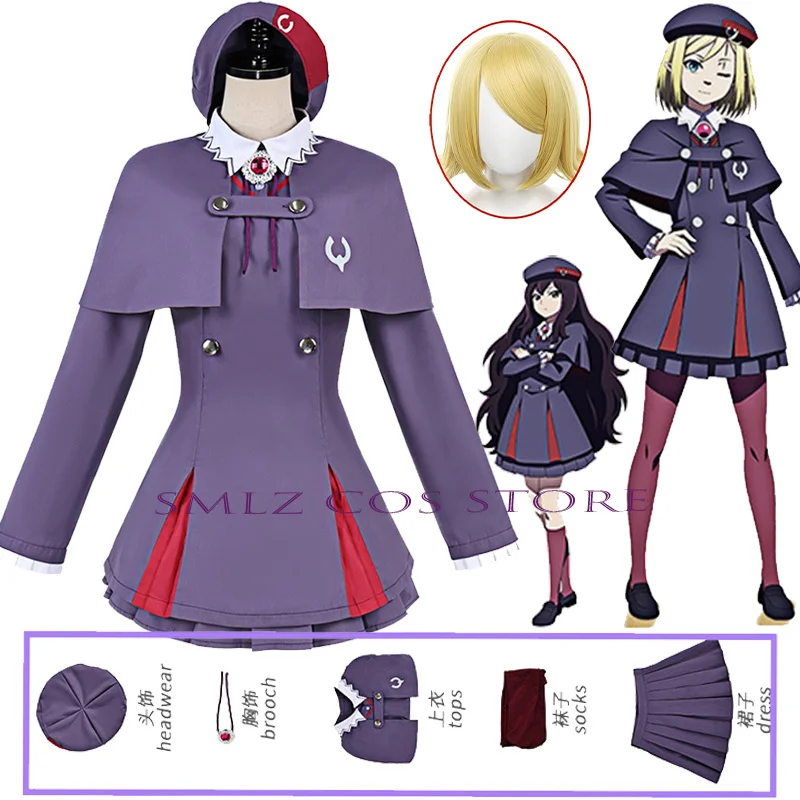 Cosplay d'Alicia de l'anime Clevatess ‌ Costume de héros mort-vivant Alicia pour femme, ensemble jupe, manteau et chapeau, uniforme magique violet, tenue de fête, nouveauté