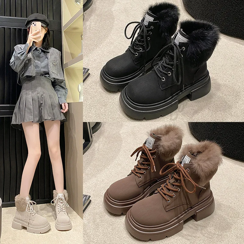 

Leather Boots for Women Winter British Style Height-Increasing Retro Thick-Soled Fleece-Lined Motorcycle Short Work Boots