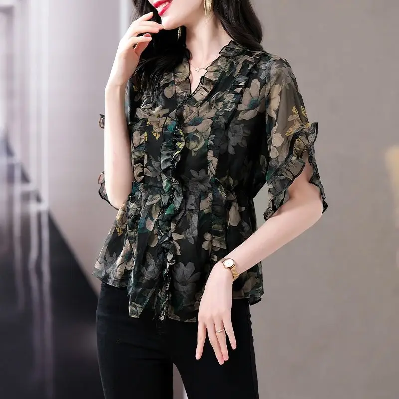 Summer New Fashion Loose Pleated Ruffle Chiffon Blouse