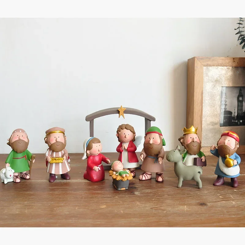 Mini Cooper Christ Jesus Virgin Mary Holy Child Manger Group Ornaments The Birth of Jesus Scene Statue Christmas Decorations