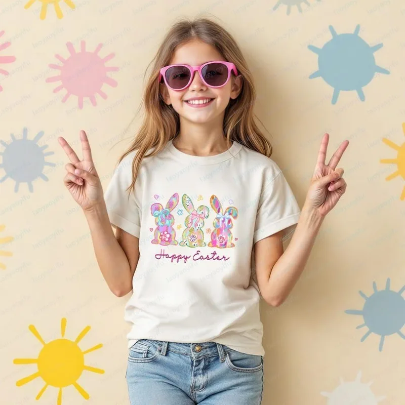 Happy Easter Shirt Kawaii Trio Bunny Kids Tees Colorful Rabbit Outfit Glitter Effect Top Toddler Spring Gift Pastel Girl Clothes