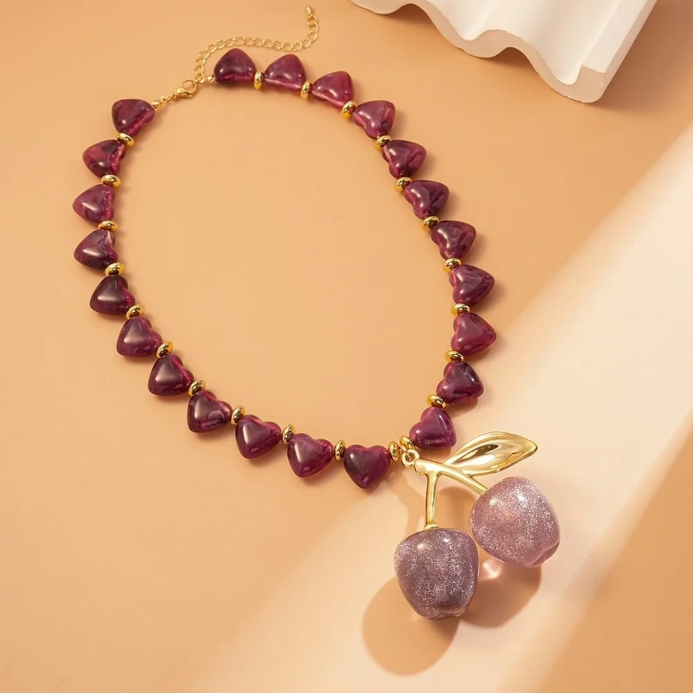 

Acrylic Women Cherry Necklace Jewelry Gift Korean Chic Style Cherry Pendant Decoration Love Heart Beadeds Bohemia Choker Summer