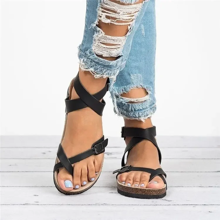 2026 summer European and American large size sandals cork sole Roman cover toe belt buckle belt sandals women
