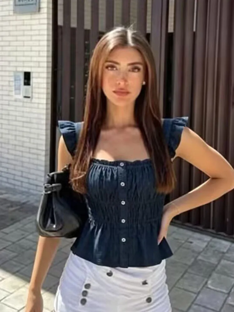 HH Women Summer Minimalist Denim Sleeveless Top Square Neck Ruffled Straps Smocked Waist Peplum Hem For Commute Travel Casual