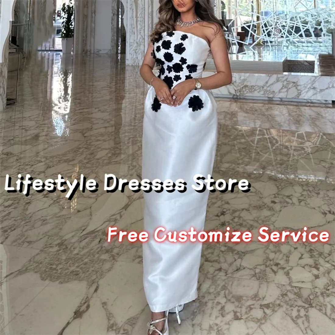 Customized Satin White Evening Dresses With Black Beaded Flowers Prom Dresses For Formal Occasion Straight Wedding Party Gown