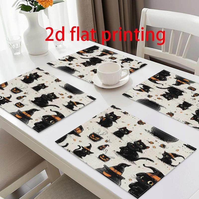 Halloween Witch Hat Black Cat Pumpkin Linen Placemats Spooky Festival Print Washable Heat‑Resistant Table Mats