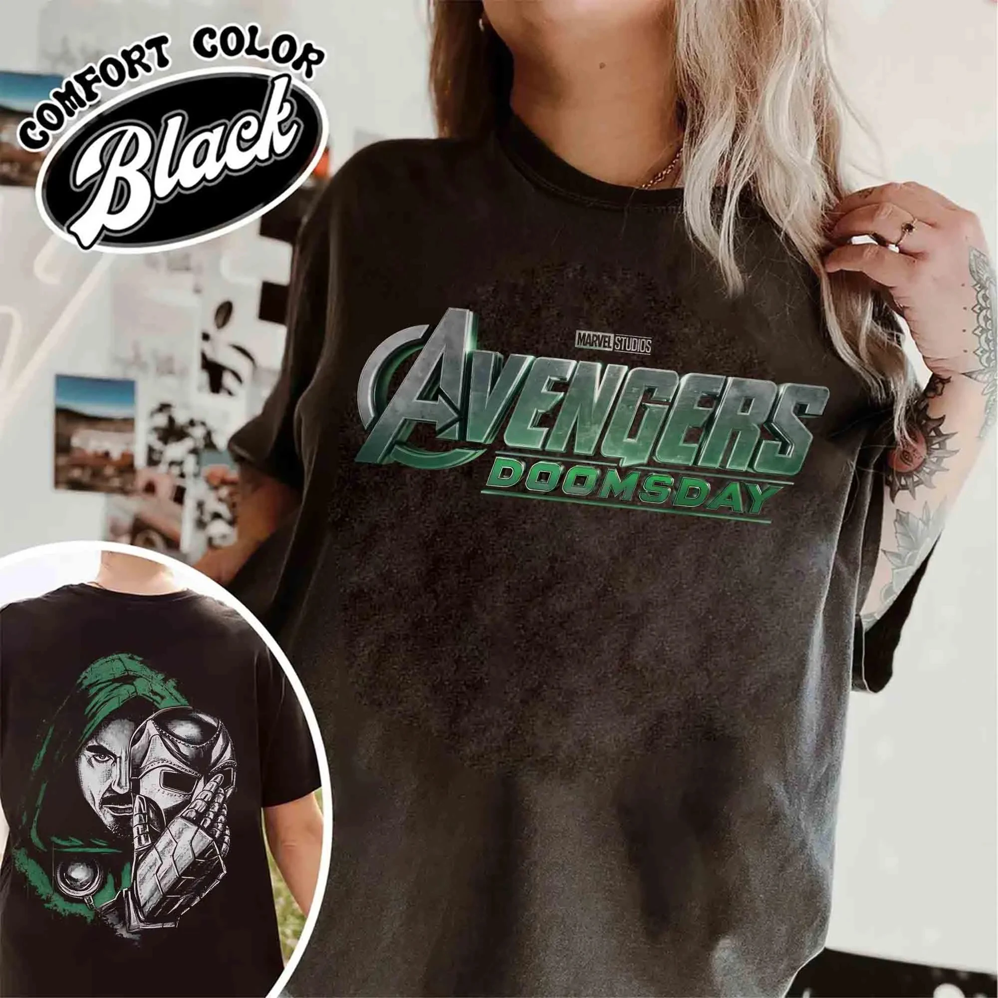 2-sided Doctor Doom Portrait Wash Shirt Secret Wars Comic Tee Classic Villain Graphic Casual MCU Fan Gift Top