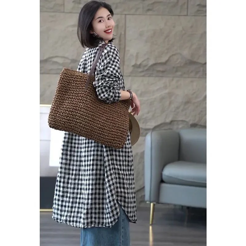 Checkered Long Sleeved Shirt for Women's Spring/Summer 2024 Loose Mid Length Thin Sun Protection Clothing for Women's Outerwear