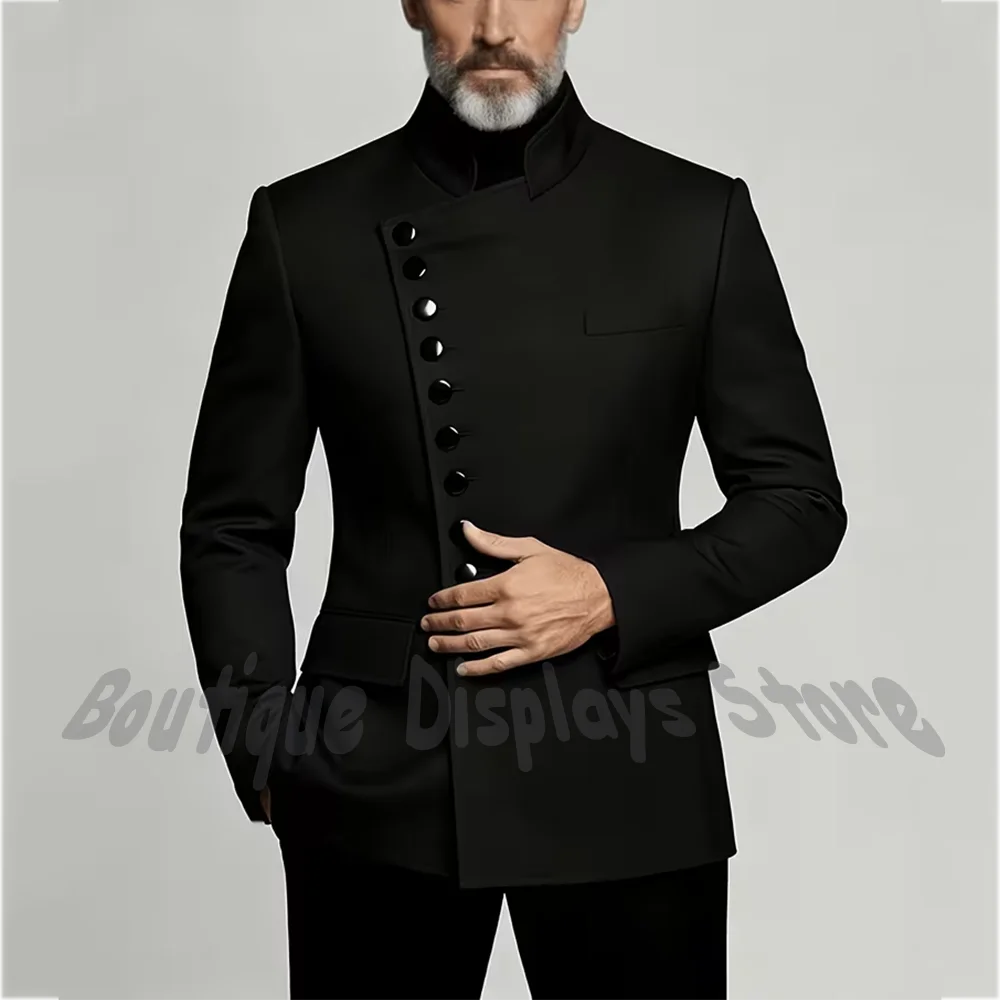 Black Stand Collar 2-Piece Men's Suit Asymmetric Button Closure Blazer Slim Fit Gala Party Formal Events Banquet Business Outfit
