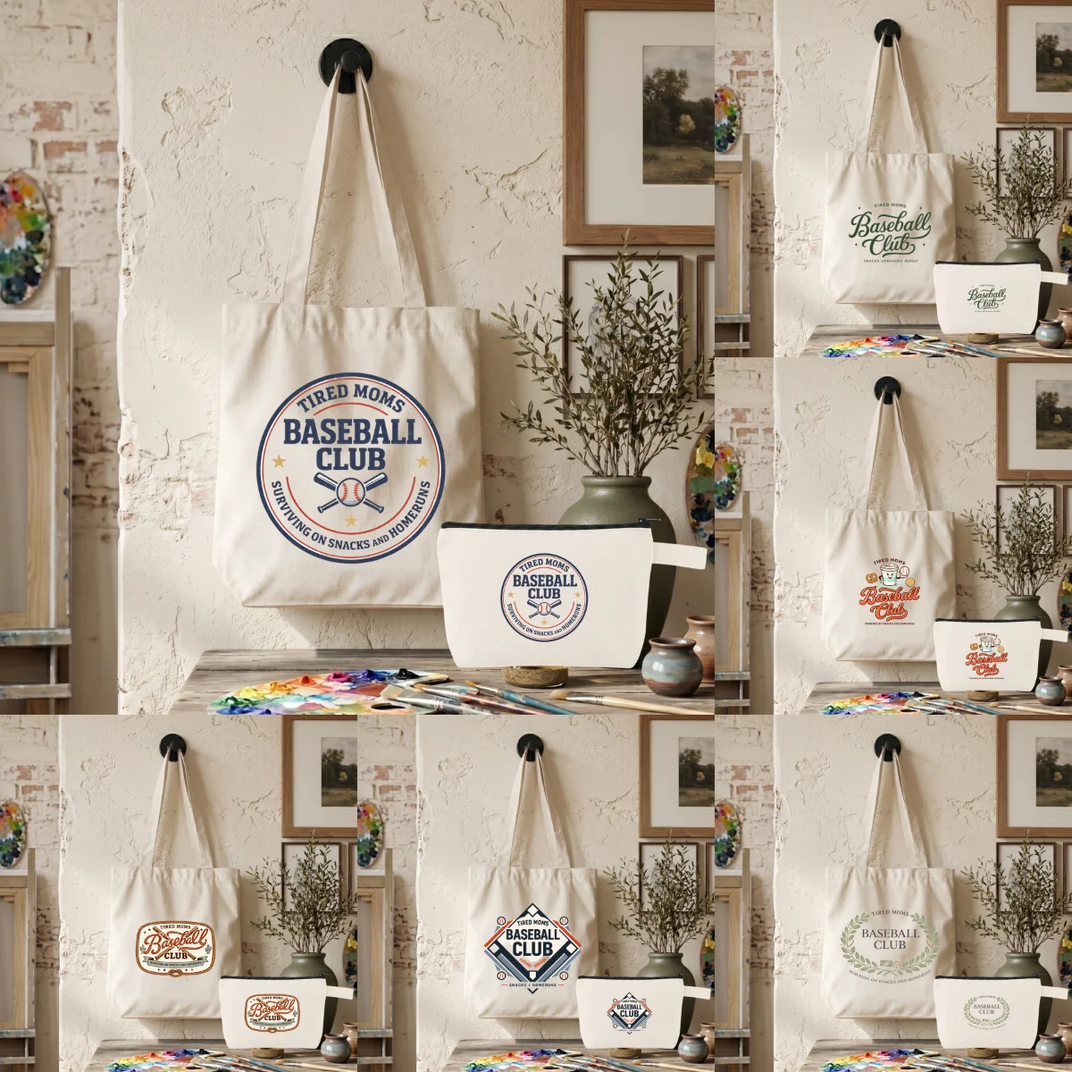

1 Pack Funny Baseball Mom Canvas Bag Set, "Baseball Club" Graphic Tote & Makeup Pouch, 2-Piece Kit