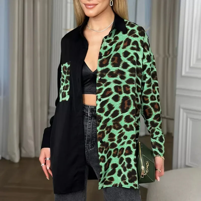 Wiosna jesień kobiety seksowny wzór w cętki koszule moda Patchwork damskie dorywczo luźne bluzki z długim rękawem skręcić w dół kołnierz topy