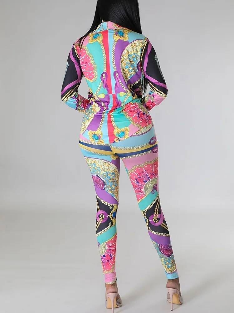 Casual Color Chain Printing Sports Suit Two Piece Set